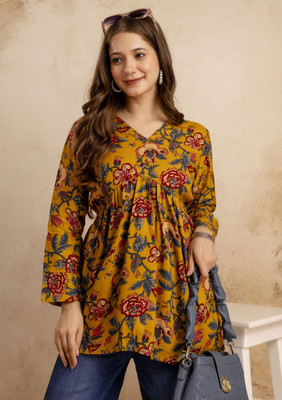 Mialo fashion Women Floral Print Flared Kurta(Yellow)