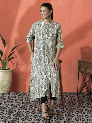 Sangria Women Printed A-line Kurta(Beige, Black)