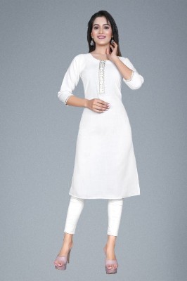 plus5 Women Embroidered A-line Kurta(White)