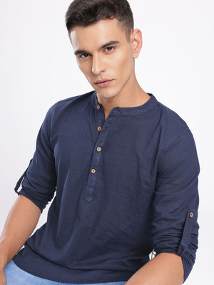 Anouk Rustic Men Solid Straight Kurta(Blue)