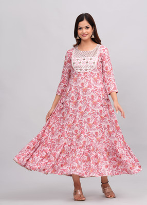 TANTANATAN Women Printed Anarkali Kurta(Pink)
