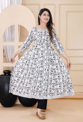 VASTRAKUL Women Printed Anarkali Kurta(Black, White)