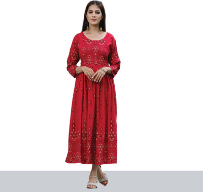 ajmera fashion Women Floral Print Anarkali Kurta(Red)