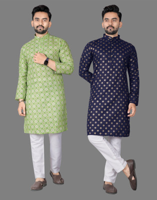 DHASU TRENDZ Men Printed Straight Kurta(Light Green, Dark Blue)