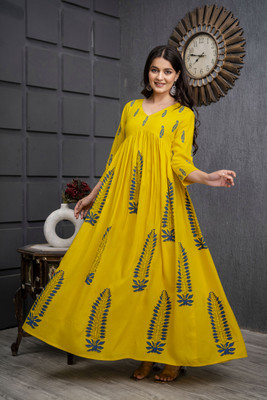 NeeraFashion Women Printed Gown Kurta(Yellow)