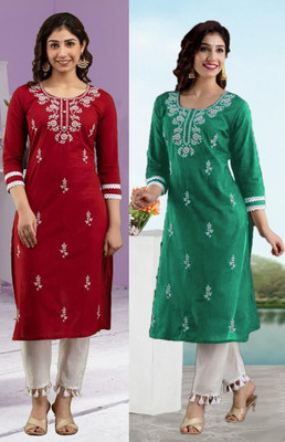 SISTO Women Chikan Embroidery Straight Kurta(Multicolor)