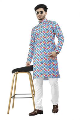 DHASU TRENDZ Men Printed Straight Kurta(Blue, Multicolor)