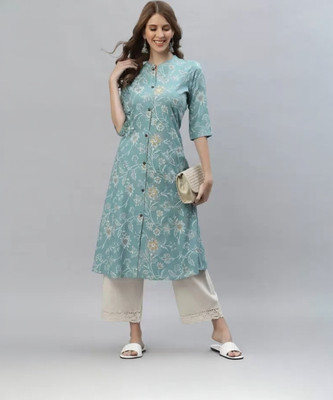 LOOMS21 Women Floral Print A-line Kurta(Light Blue)