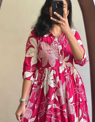 Zwc Women Printed Anarkali Kurta(Pink)