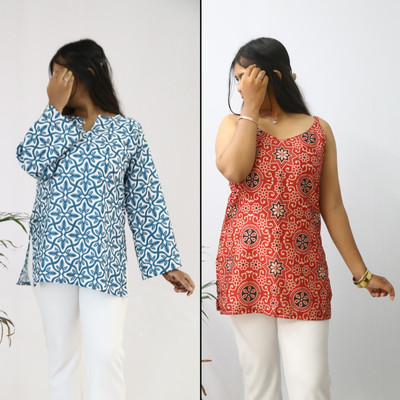 aanzri Women Printed A-line Kurta(Blue, Dark Blue)