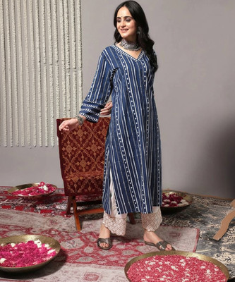 Jixpox Women Printed Straight Kurta(Blue)