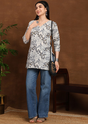 DSK STUDIO Women Floral Print Tunic Kurta(Grey)