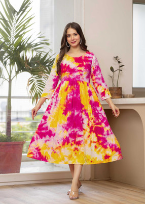 TANTANATAN Women Printed Anarkali Kurta(Pink)