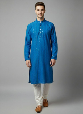 ECOCHOICECOMPANY Men Embroidered Straight Kurta(Dark Blue)