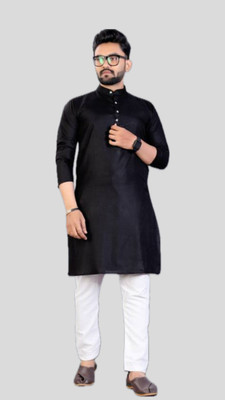 HouseOfCommon Men Solid A-line Kurta(Black)