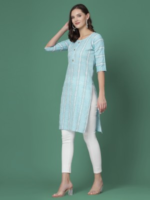 Ladylaz Women Striped A-line Kurta(Light Blue, White)