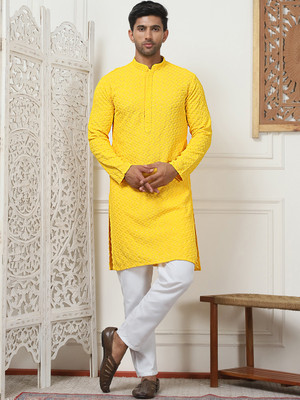 ANOUK Men Embroidered Straight Kurta(Yellow)