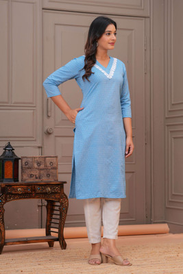 EMPIRE STYLE Women Printed Straight Kurta(Light Blue)