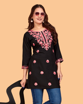 DharmHouse Women Embroidered Straight Kurta(Black)