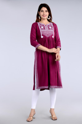 yuvti Women Patchwork Flared Kurta(Maroon)