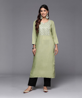 Indo Era Women Embroidered Straight Kurta(Green)