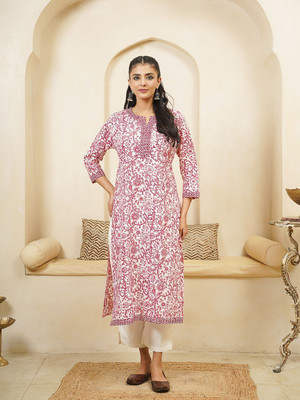 Goodhand Women Printed Straight Kurta(Pink)