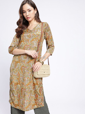 Anouk Rustic Women Checkered Straight Kurta(Green)
