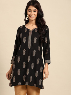 all about you Women Printed Straight Kurta(Black)