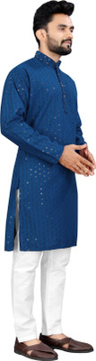 Shree Dutt Creation Men Chikan Embroidery Straight Kurta(Blue)