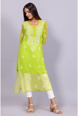 Rudraaksha Chikankari Women Chikan Embroidery Straight Kurta(Light Green)