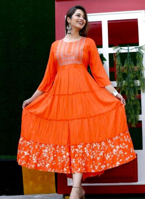 Daksh Fab Women Embroidered Anarkali Kurta(Orange)