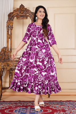 GXS Women Printed Anarkali Kurta(Purple)