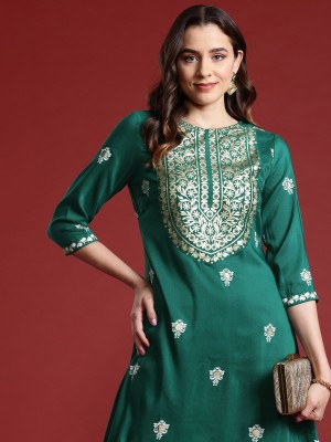 ANOUK Women Embroidered Straight Kurta(Green)