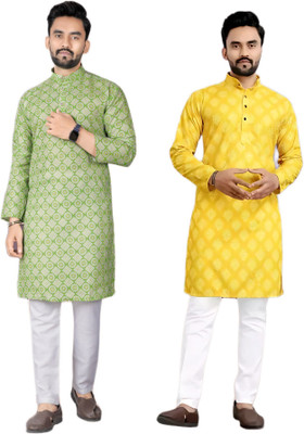 DHASU TRENDZ Men Printed, Woven Design Straight Kurta(Light Green, Yellow)
