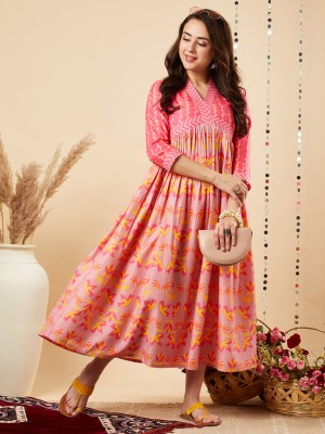 Gosriki Women Printed Anarkali Kurta(Pink, Yellow)