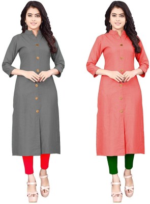 NATEK Women Solid Frontslit Kurta(Green, Pink)