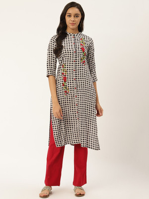 ANOUK Women Checkered A-line Kurta(White)