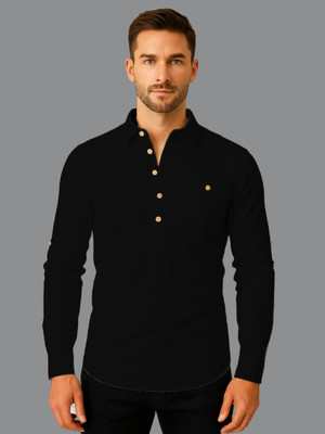 KNOWTED Men Solid Straight Kurta(Black)