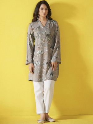 ANOUK Women Floral Print Straight Kurta(Grey)