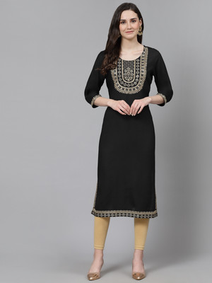 oceanabode Women Embroidered A-line Kurta(Black)