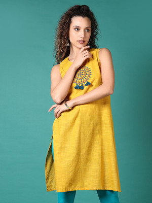 V-MART Women Self Design A-line Kurta(Yellow)