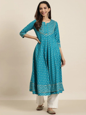 Yash Gallery Women Printed Anarkali Kurta(Light Blue)
