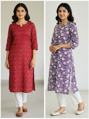 Zehra Women Striped, Floral Print Straight Kurta(Maroon, Purple)