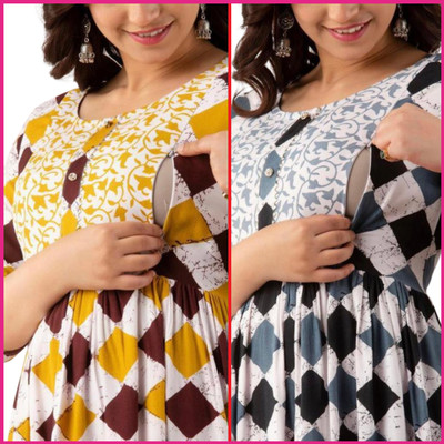 Rp Rosy Pink Women Block Print A-line Kurta(Grey)