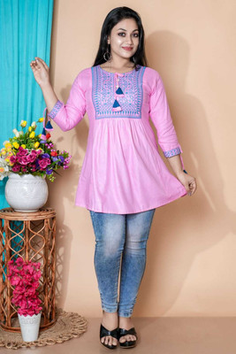 GRfashion Women Embroidered Cape Top Kurta(Pink)