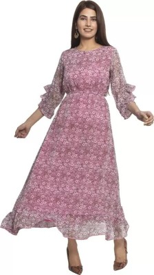 VYANAFASHION Women Floral Print Flared Kurta(Pink, White)