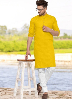 Rashmi Genz Men Printed Straight Kurta(Yellow)