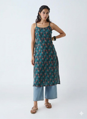 Linaasha Women Floral Print Straight Kurta(Grey)