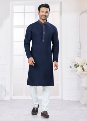 Svatantra Men Embroidered, Solid Straight Kurta(Blue)