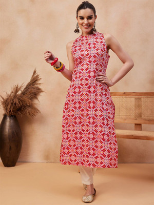 ANOUK Women Floral Print Straight Kurta(Red)